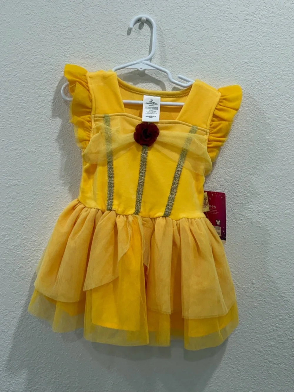 Disney Yellow Princess Tulle Dress with Red Rose Accent - Picture 1 of 2